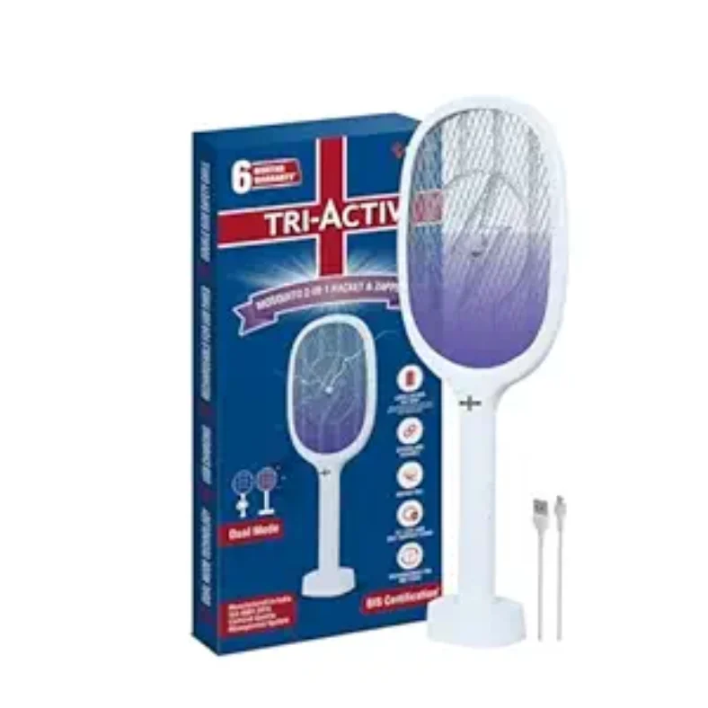 Tri-Activ Mosquito Racket 2 in 1 with UV Light | 6 Month Warranty | Dual Mode Mosquito Killer Racket | Mosquito Bat Rechargeable