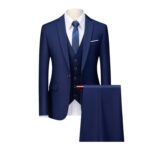 Maiyifu-GJ Men’s 3 Piece Solid Color Suit Set Single Breasted Slim Fit Jacket Vest Pants Business Wedding Prom Blazer Sets (Dark Blue 1,X-Large)Brand: Maiyifu-GJ