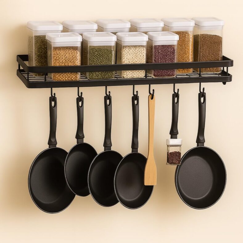 Craft Mshopr Wall Mounted Kitchen Spice Rack Organizer – Black Iron Hanging Spice Shelf with 7 S-Shaped Hooks for Utensils | Space-Saving Spice Holder (16″ L x 5.25″ W x 2.5″ H) (Pack-1)
